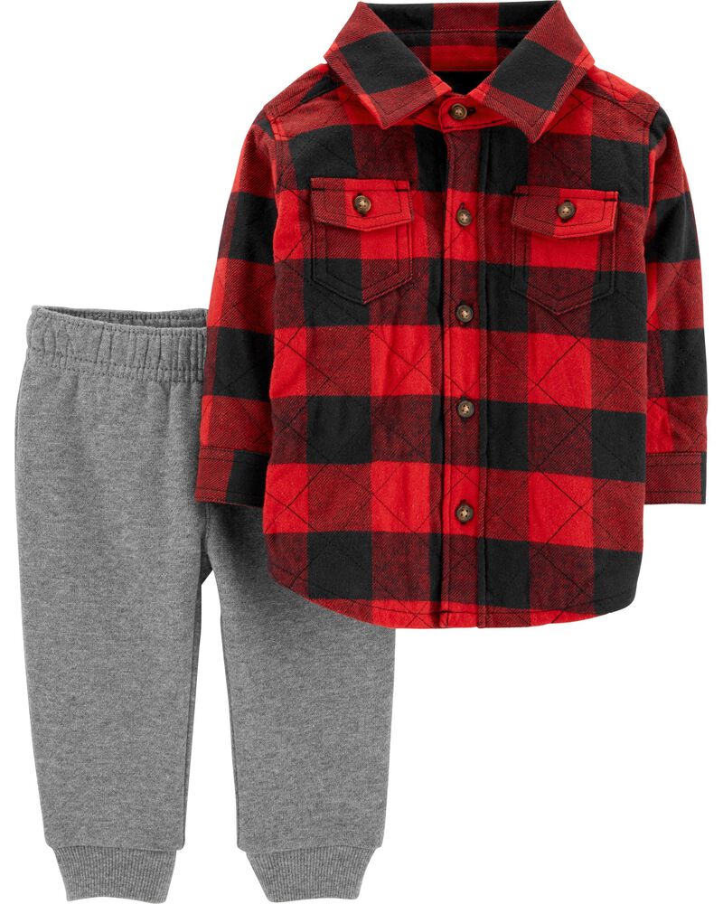CARTER/'S 2PC RED BUFFALO CHECK PLAID BUTTON DOWN SHIRT PANT SET NB 3M